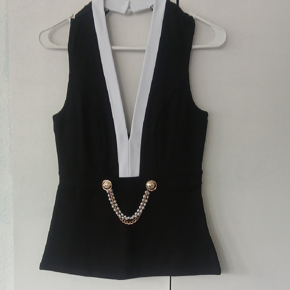 VENUS Black and White Backless Embellished Bodysuit